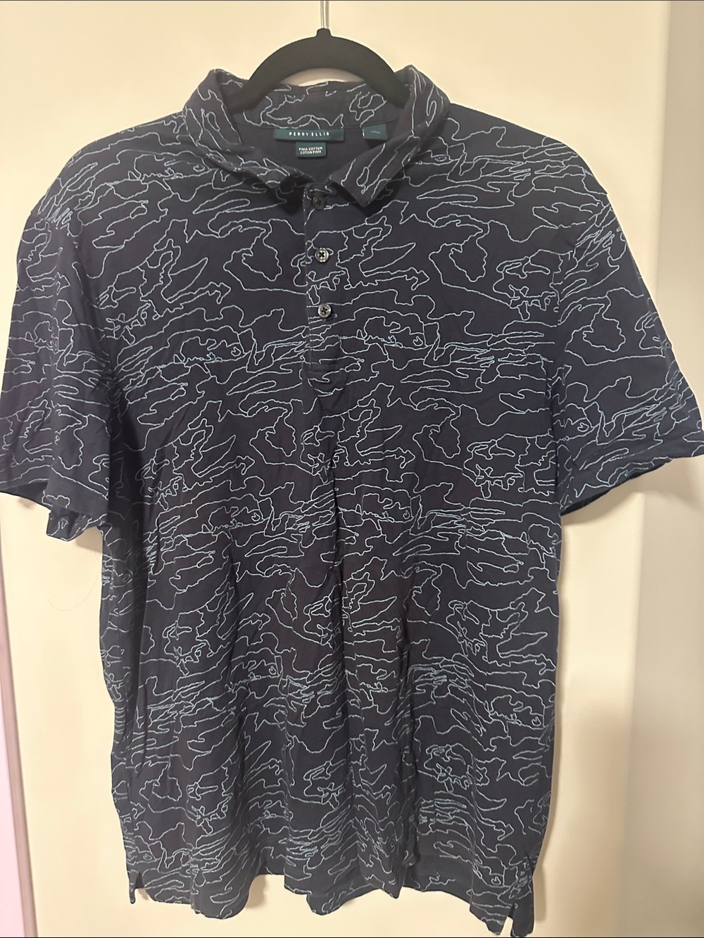 Perry Ellis Men's Navy Polo with Light Blue Abstract Line Print
